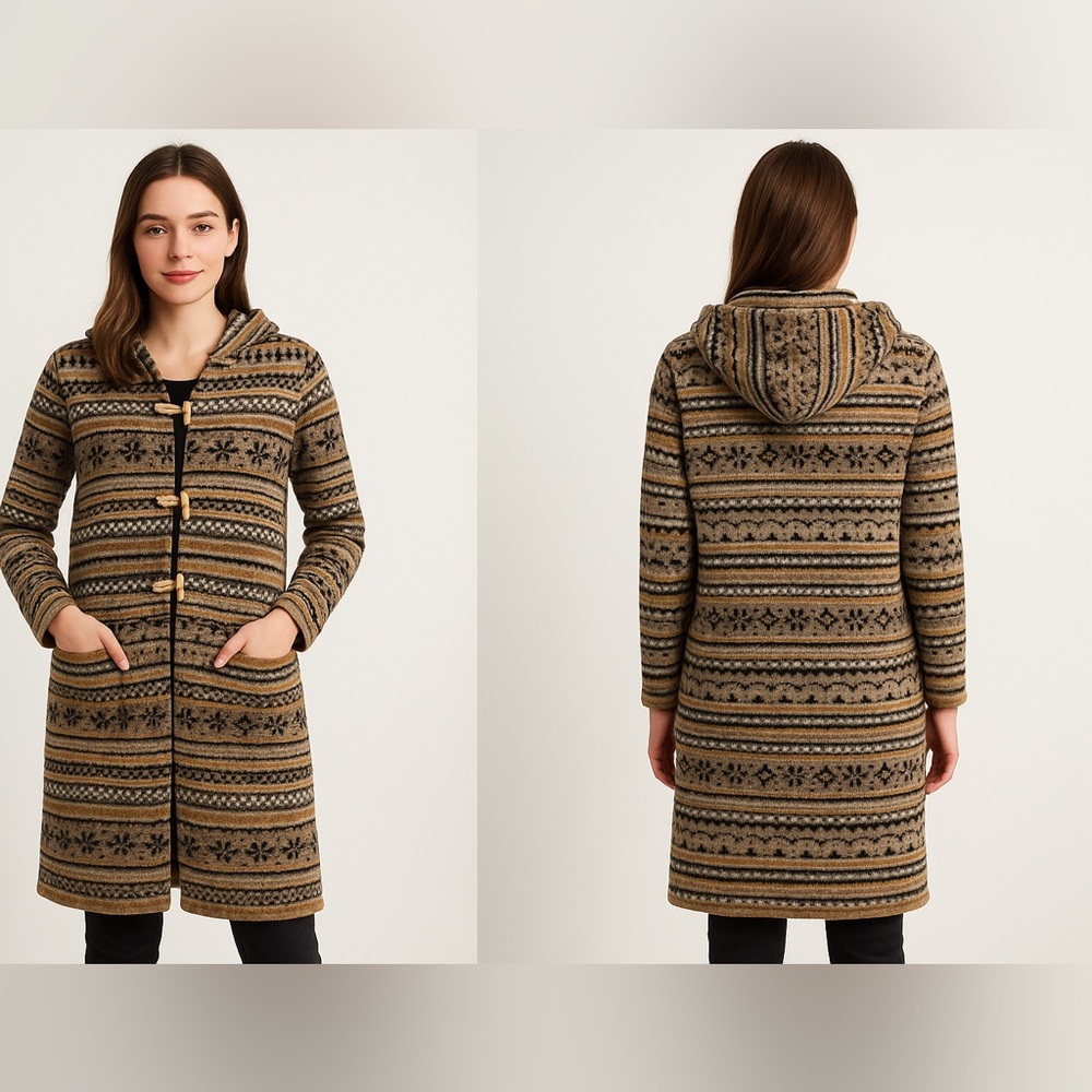 Cambridge Dry Goods Vintage Brown & Cream Lambswool Hooded Toggle‎ Sweater Sz. L
